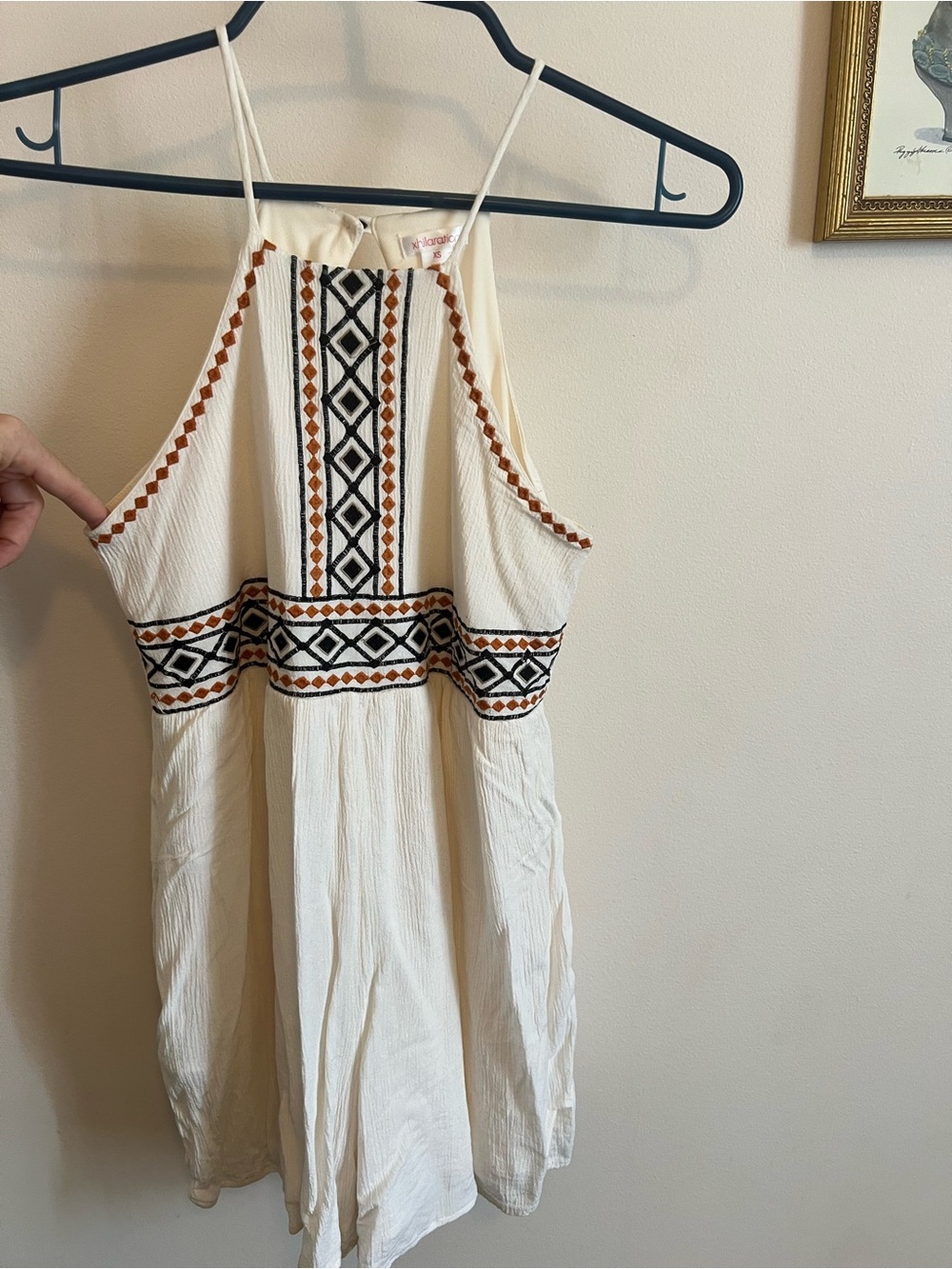 Xhilaration Cream Romper with Black & Brown Embroidery